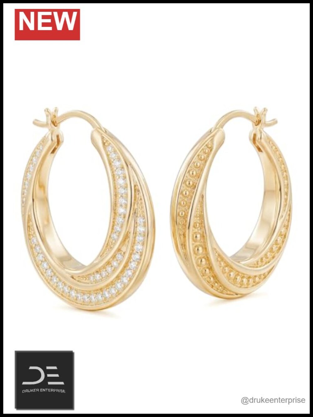 14K Gold Plated Twisted Double Row CZ Hoop Earrings Women Snap Closure 22mm 25mm